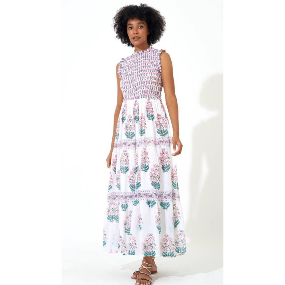 Oliphant Floral Sleeveless Ruffle Neck Midi Maxi Dress Smocked Cottagecore